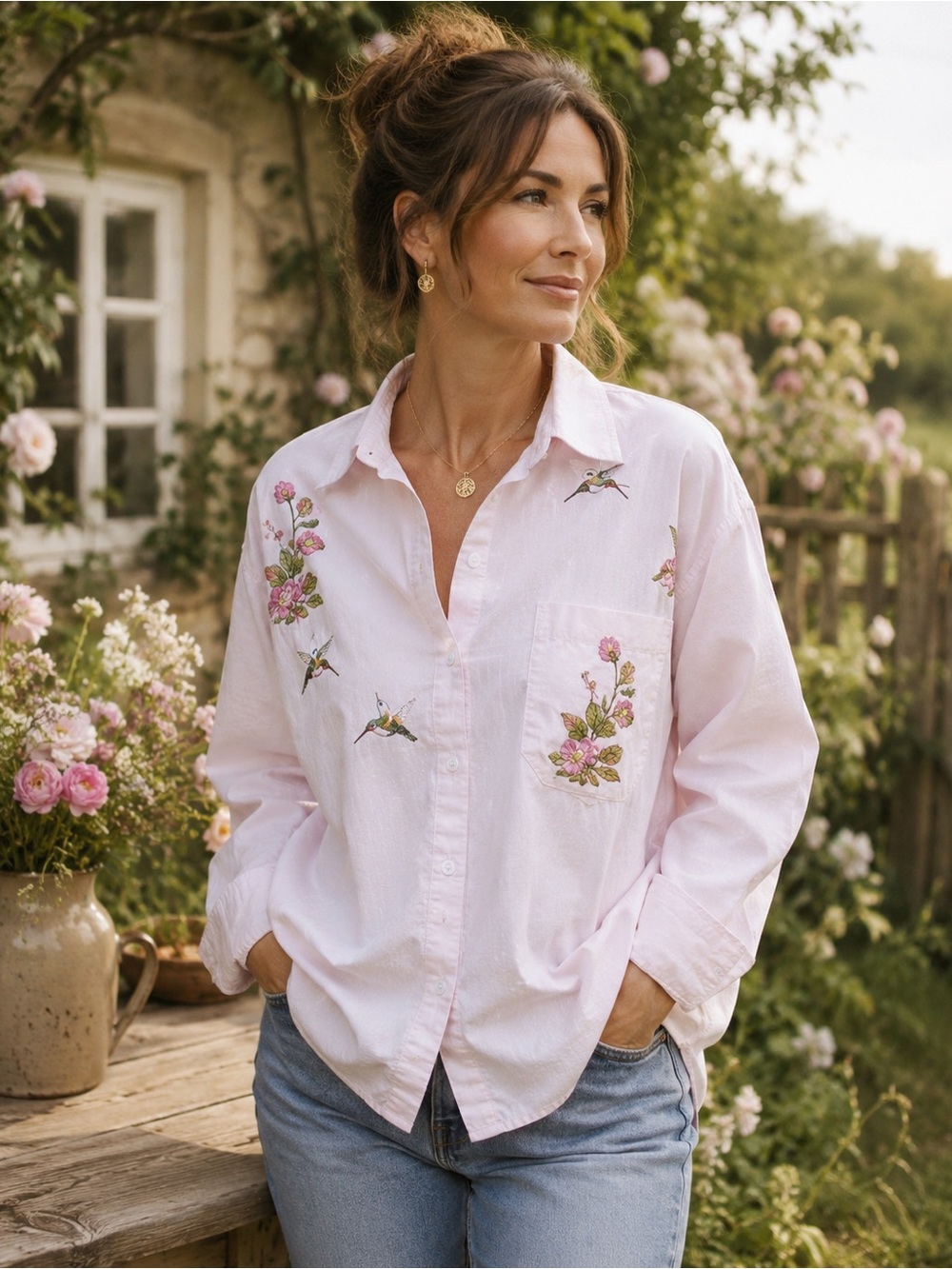 PCB Gepeto Embroidered Hummingbird Button Up Shirt XL